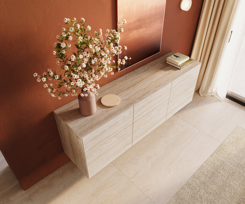 Floating Sideboard Cuor 180cm Ceramic Travertino Bianco 2 Doors 3 Drawers