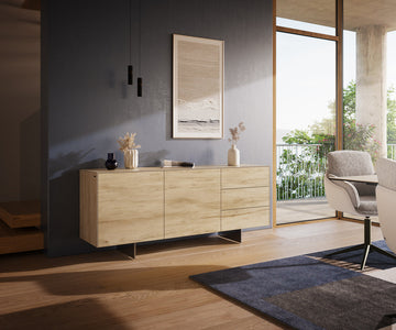 Sideboard Cuor 180cm Ceramic Sabbia Oak 2 Doors 3 Drawers Narrow Feet Silver