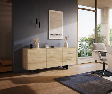 Sideboard Cuor 180cm Ceramic Sabbia Oak 2 Doors 3 Drawers Narrow Feet Black
