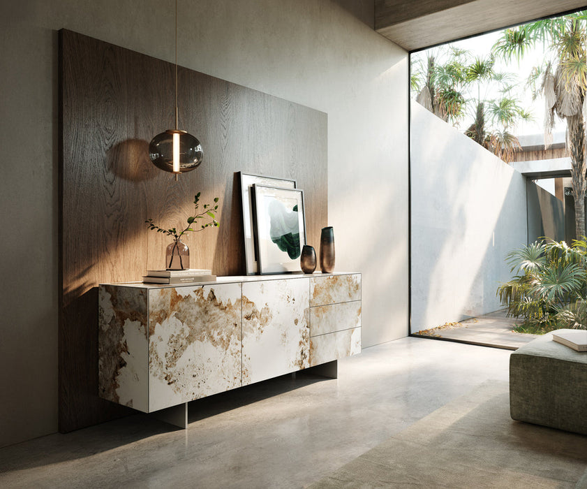Sideboard Cuor 180cm Ceramic Minas Melange 2 Doors 3 Drawers Narrow Feet Silver