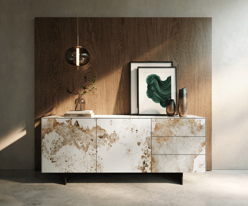 Sideboard Cuor 180cm Ceramic Minas Melange 2 Doors 3 Drawers Narrow Feet Black