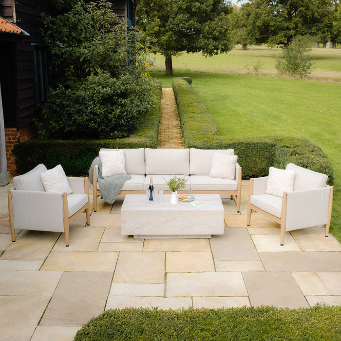Burford 3 Seat Aluminium Sofa Set with Rectangular Marble Effect Coffee Table - Almond