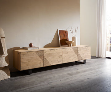 TV Stand Tereos 220cm Oak Wood Natural 4 Doors Square Feet Black