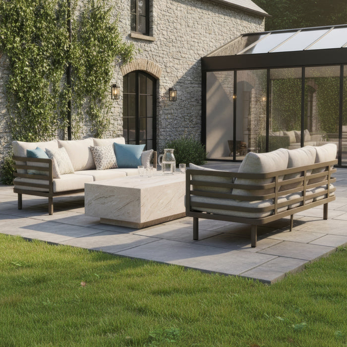 Metro Aluminium 3 Seat Garden Sofa Set with Rectangular Stone Coffee Table - CafÃ© Almond