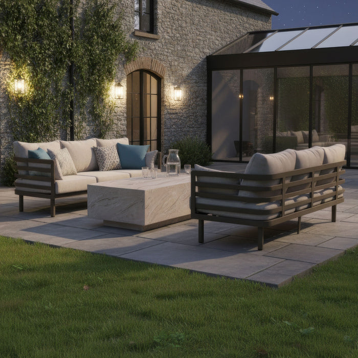 Metro Aluminium 3 Seat Garden Sofa Set with Rectangular Stone Coffee Table - Caf Almond