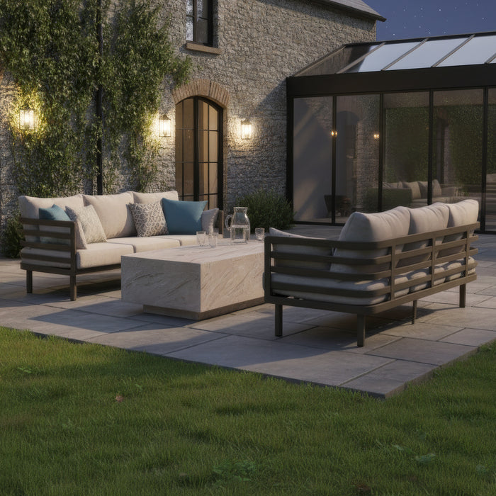 Metro Aluminium 3 Seat Garden Sofa Set with Rectangular Stone Coffee Table - CafÃ© Almond