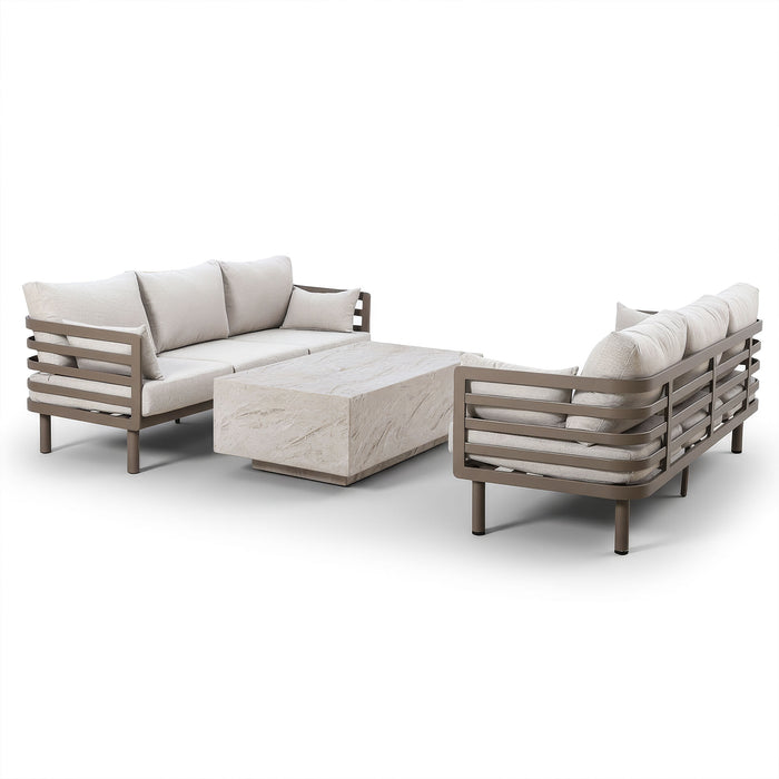 Metro Aluminium 3 Seat Garden Sofa Set with Rectangular Stone Coffee Table - Caf Almond