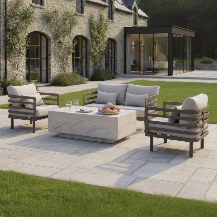 Metro Aluminium 2 Seat Sofa Set with Armchairs & Rectangular Stone Coffee Table - CafÃ© Almond