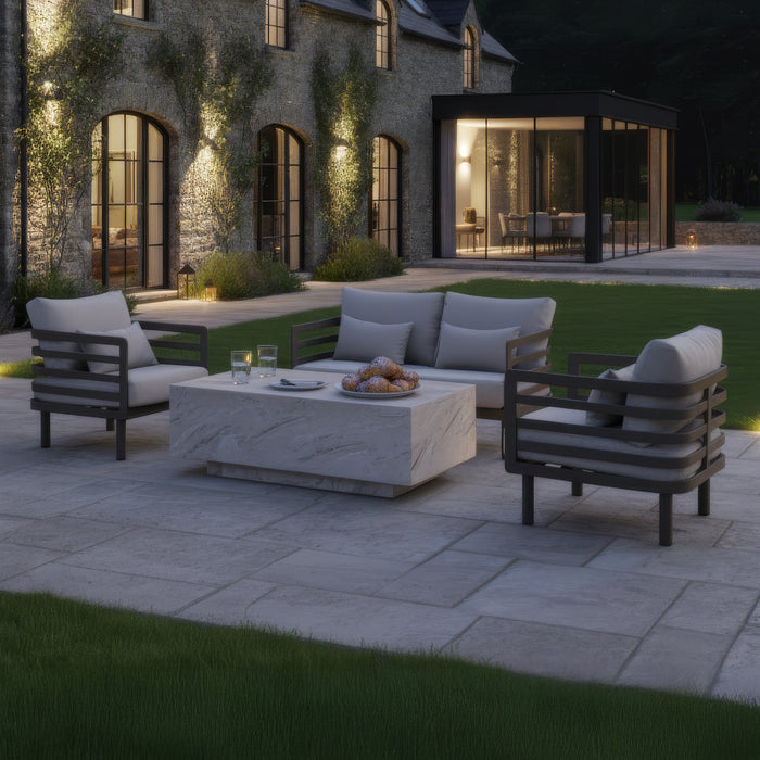 Metro Aluminium 2 Seat Sofa Set with Armchairs & Rectangular Stone Coffee Table - CafÃ© Almond