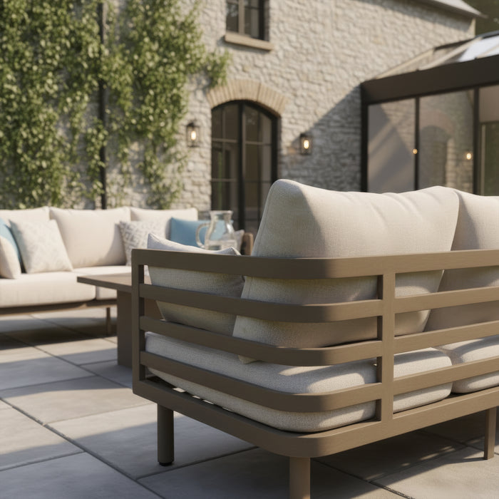 Metro Aluminium 2 Seat Sofa Set with Armchairs & Rectangular Stone Coffee Table - CafÃ© Almond