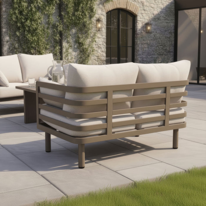 Metro Aluminium 2 Seat Sofa Set with Armchairs & Rectangular Stone Coffee Table - Caf Almond