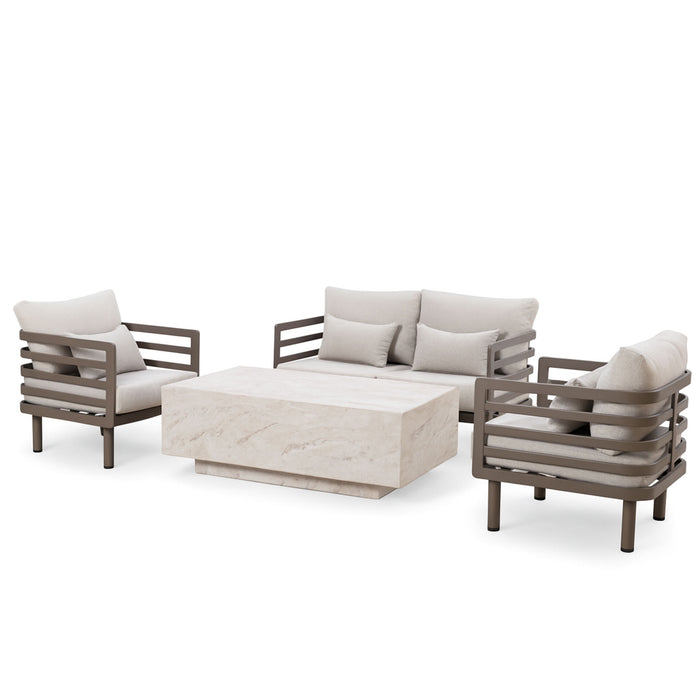Metro Aluminium 2 Seat Sofa Set with Armchairs & Rectangular Stone Coffee Table - Caf Almond