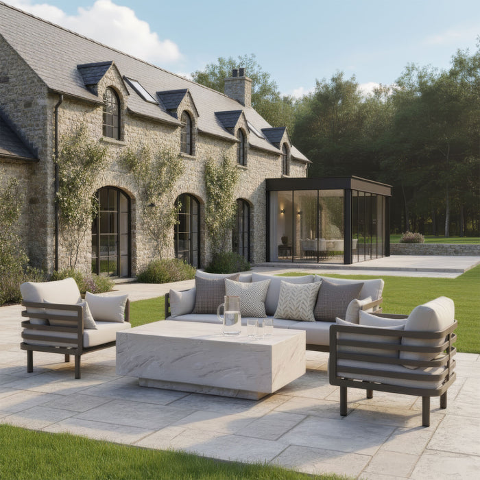 Metro Aluminium 3 Seat Garden Sofa Set with Armchairs & Rectangular Stone Coffee Table - Café Almond