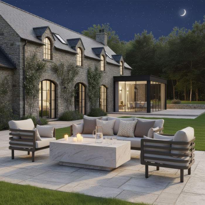 Metro Aluminium 3 Seat Garden Sofa Set with Armchairs & Rectangular Stone Coffee Table - Caf Almond