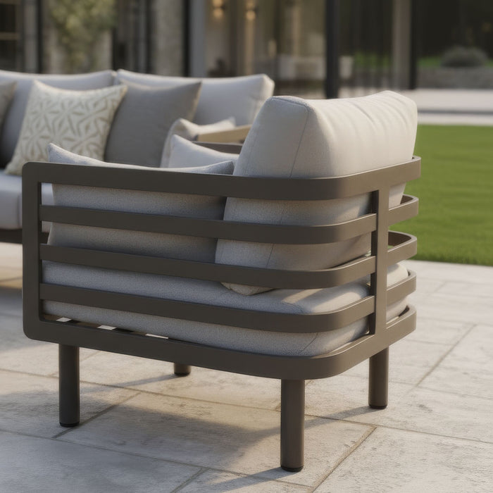 Metro Aluminium 3 Seat Garden Sofa Set with Armchairs & Rectangular Stone Coffee Table - Caf Almond
