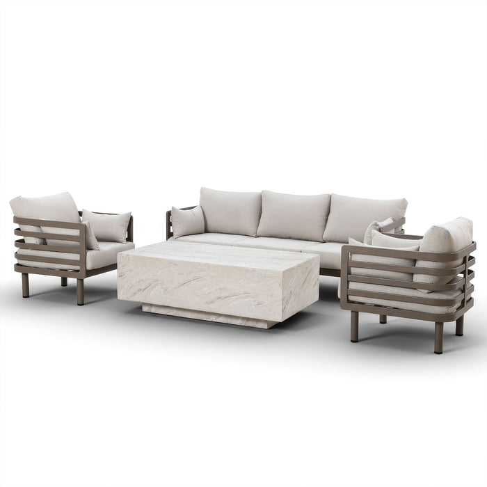Metro Aluminium 3 Seat Garden Sofa Set with Armchairs & Rectangular Stone Coffee Table - Caf Almond