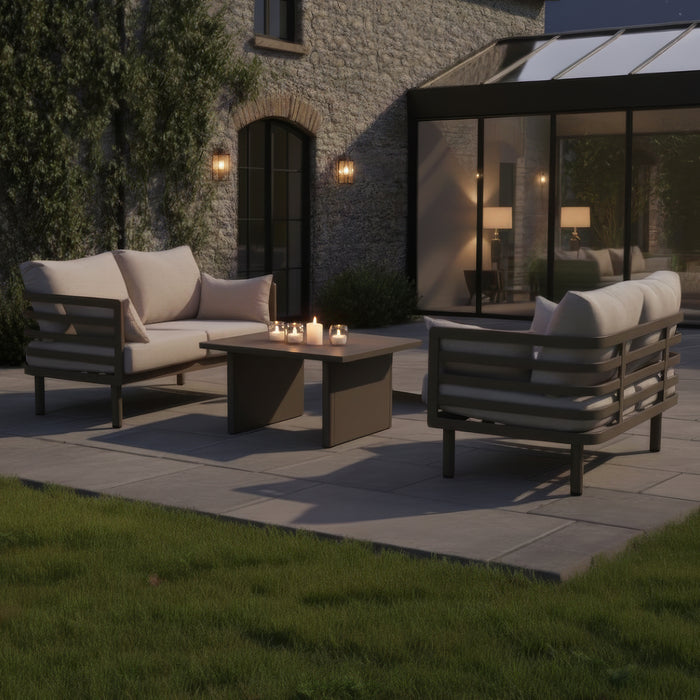 Metro Aluminium 2 Seat Garden Sofa Set with Rectangular Coffee Table - CafÃ© Almond