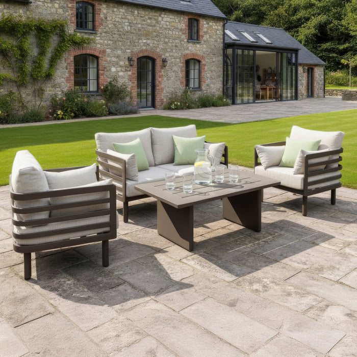 Metro Aluminium 2 Seat Sofa Set with Armchairs & Rectangular Coffee Table - CafÃ© Almond