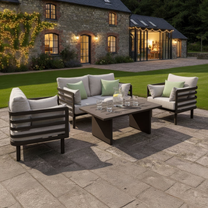 Metro Aluminium 2 Seat Sofa Set with Armchairs & Rectangular Coffee Table - CafÃ© Almond