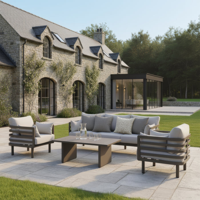 Metro Aluminium 3 Seat Garden Sofa Set with Armchairs & Rectangular Coffee Table - CafÃ© Almond