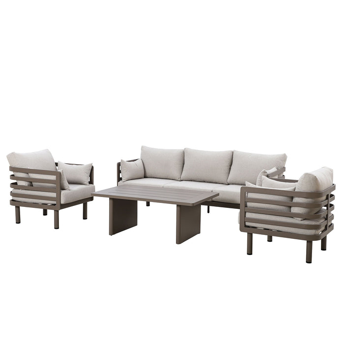 Metro Aluminium 3 Seat Garden Sofa Set with Armchairs & Rectangular Coffee Table - Caf Almond