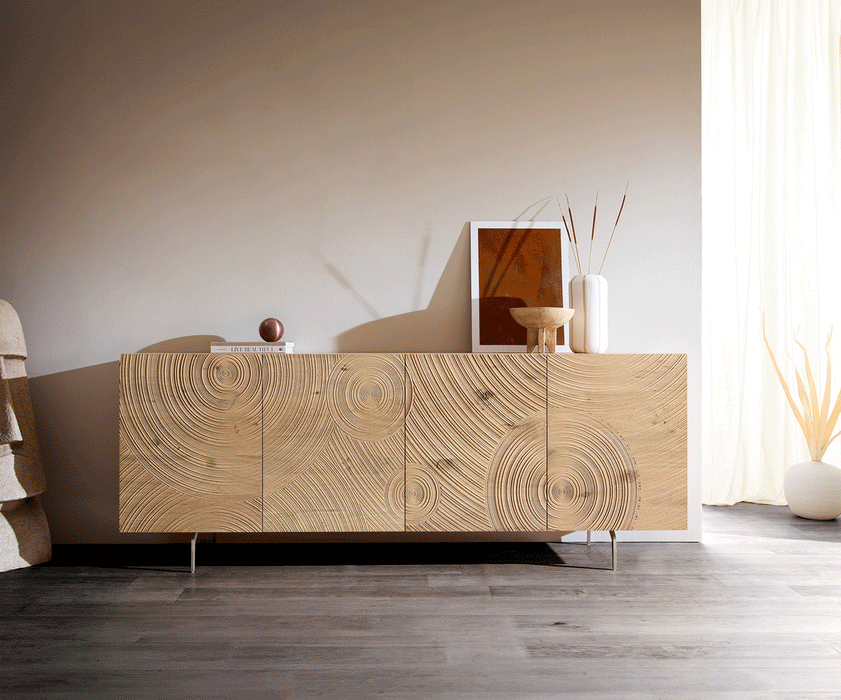 Sideboard Ashara 200cm Oak Wood Natural 4 Doors Angled Feet Silver