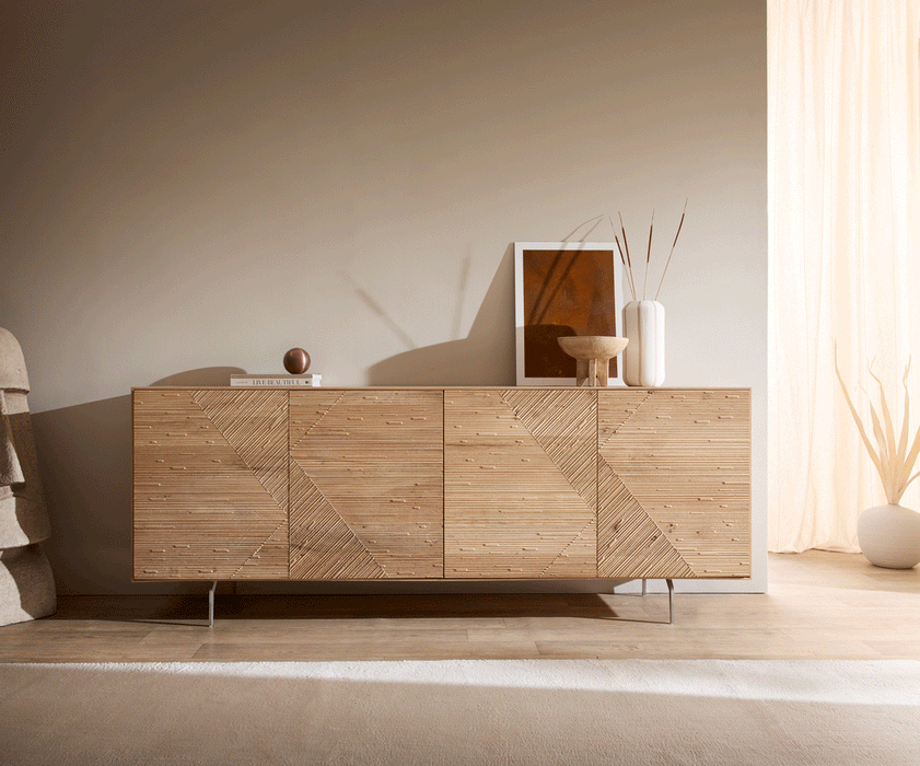 Sideboard Tereos 200cm Oak Wood Natural 4 Doors Angled Feet Silver