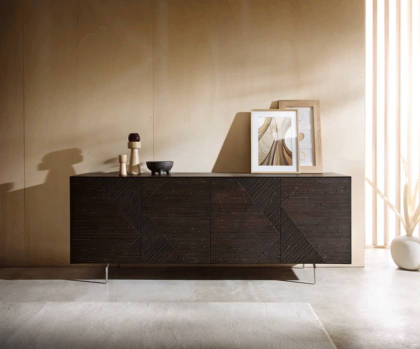 Sideboard Tereos 200cm Ash Wood Dark Brown 4 Doors Angled Feet Silver