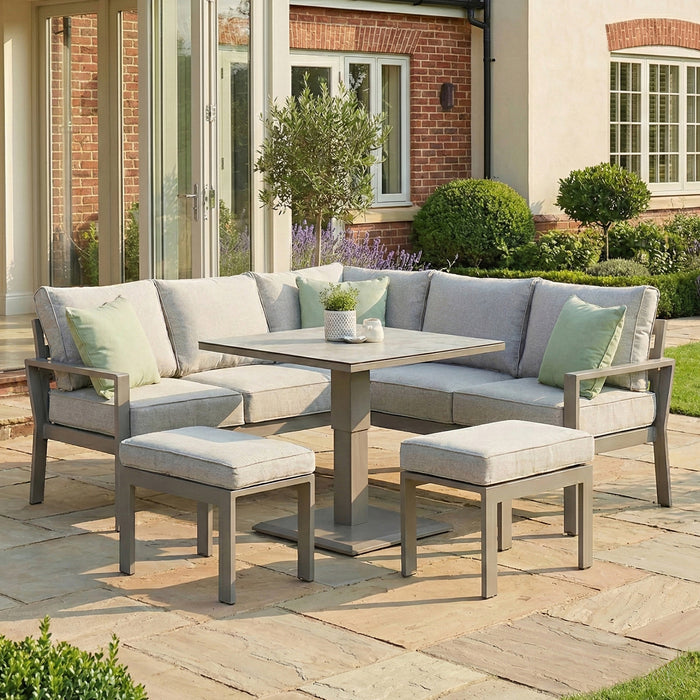 Montreal Aluminium Small Garden Sofa Dining Set with Square Rising Table & Footstools - Cool Linen