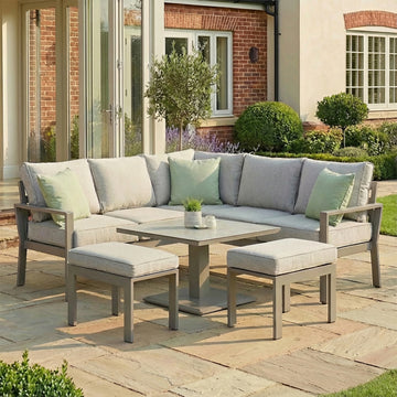 Montreal Aluminium Small Garden Sofa Dining Set with Square Rising Table & Footstools - Cool Linen