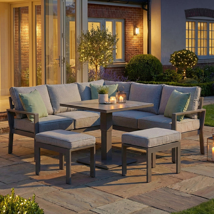 Montreal Aluminium Small Garden Sofa Dining Set with Square Rising Table & Footstools - Cool Linen