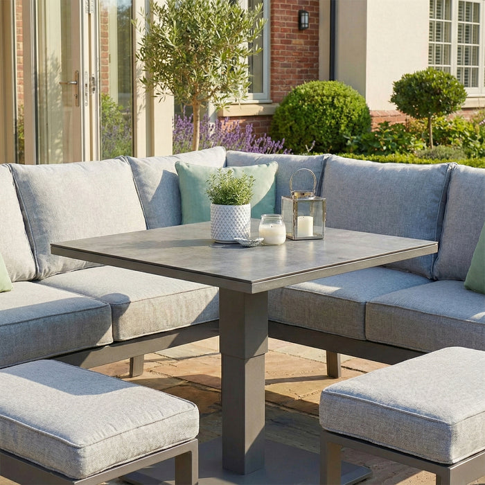 Montreal Aluminium Small Garden Sofa Dining Set with Square Rising Table & Footstools - Cool Linen