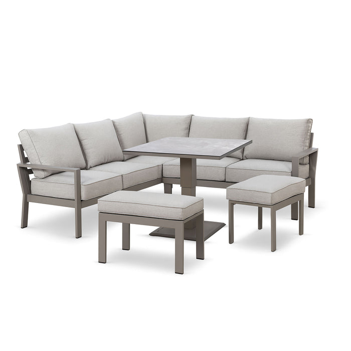 Montreal Aluminium Small Garden Sofa Dining Set with Square Rising Table & Footstools - Cool Linen