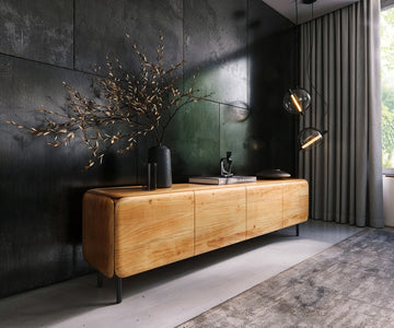 TV Stand Shavani 200cm 4 Doors Acacia Wood Natural 4 Legs Black