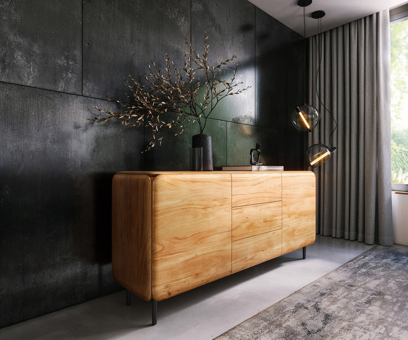 Sideboard Shavani 175cm 2 Doors 3 Drawers Acacia Wood Natural 4 Legs Black