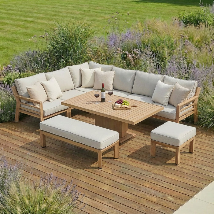 New York Wood Effect Aluminium Corner Dining Set with Rising Table - Almond
