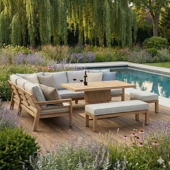 New York Wood Effect Aluminium Corner Dining Set with Rising Table - Almond