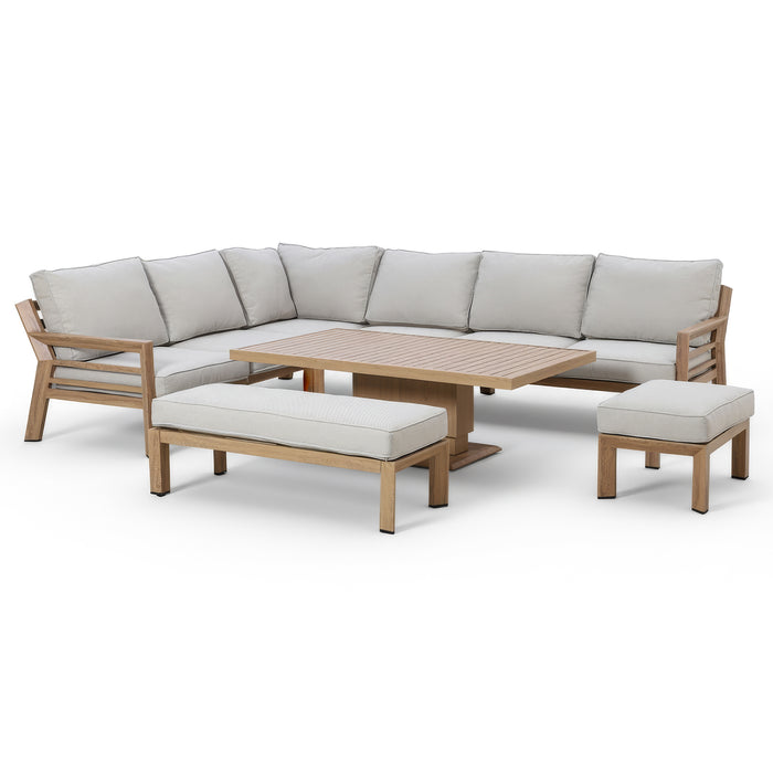 New York Wood Effect Aluminium Corner Dining Set with Rising Table - Almond