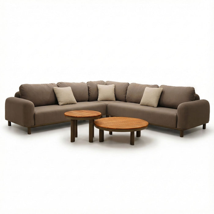 Outdoor Fabric Sicily Corner Sofa Set with Round Coffee Tables - Caf