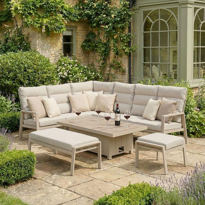 Valencia Reclining Aluminium Corner Garden Dining Set with Rising Table, Footstools & Bench - Latte