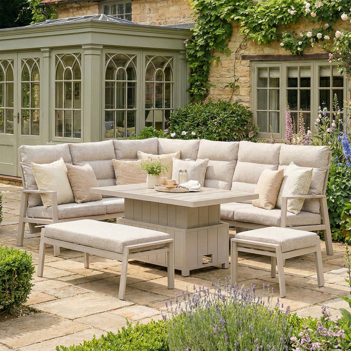 Valencia Reclining Aluminium Corner Garden Dining Set with Rising Table, Footstools & Bench - Latte