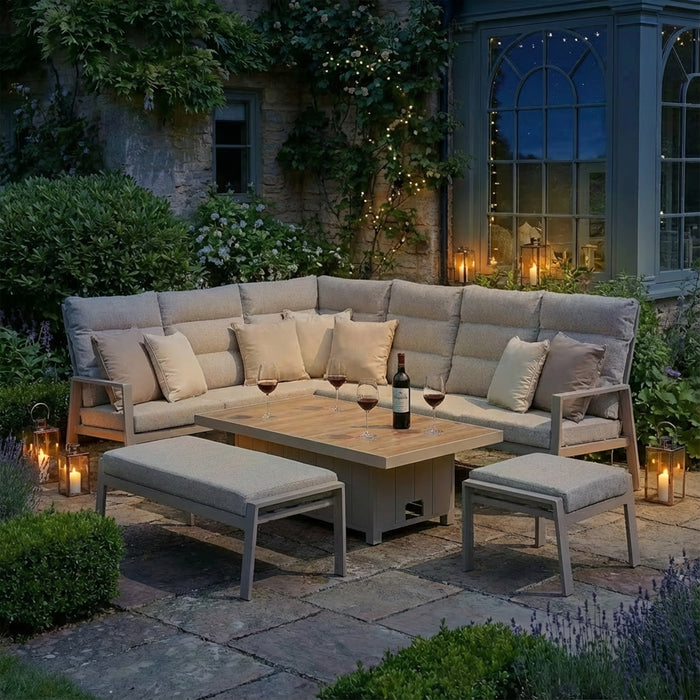 Valencia Reclining Aluminium Corner Garden Dining Set with Rising Table, Footstools & Bench - Latte