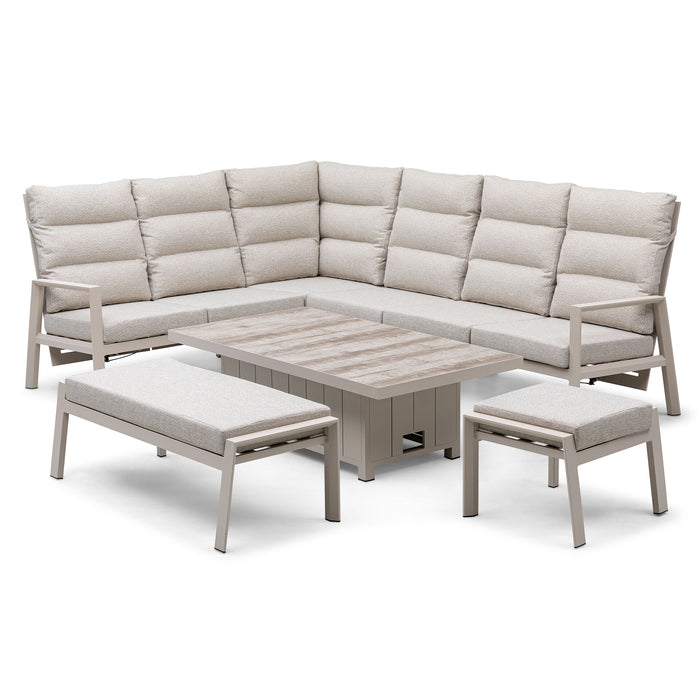 Valencia Reclining Aluminium Corner Garden Dining Set with Rising Table Footstools & Bench - Latte
