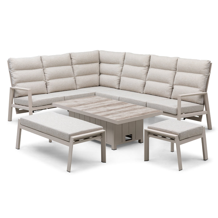 Valencia Reclining Aluminium Corner Garden Dining Set with Rising Table, Footstools & Bench - Latte