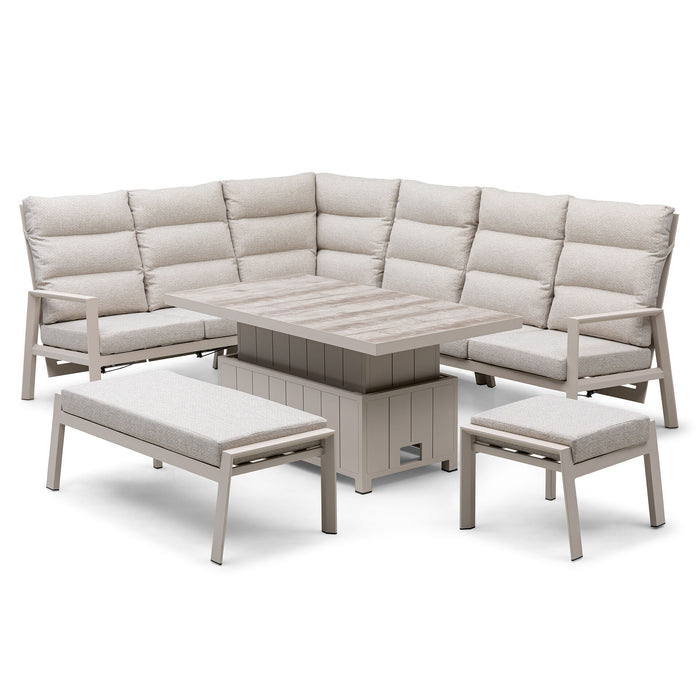 Valencia Reclining Aluminium Corner Garden Dining Set with Rising Table Footstools & Bench - Latte