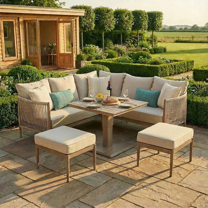 Havana Rope Weave Small Corner Dining Set with Square Rising Table & Footstools