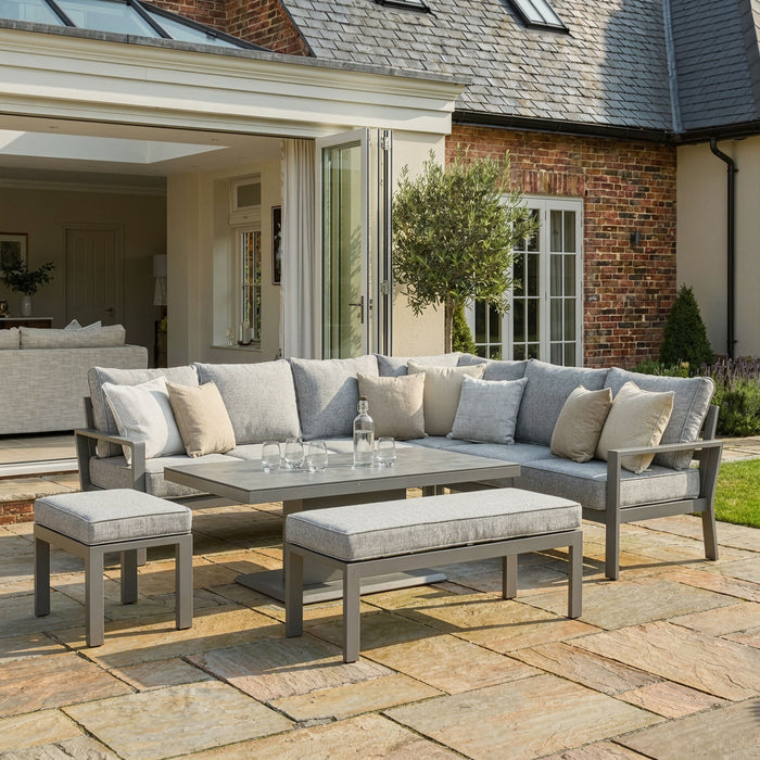 Montreal Aluminium Large Garden Corner Dining Set with Rectangular Rising Table, Footstool & Bench - Cool Linen