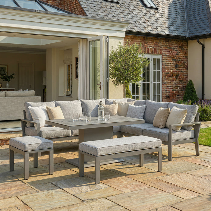 Montreal Aluminium Large Garden Corner Dining Set with Rectangular Rising Table, Footstool & Bench - Cool Linen