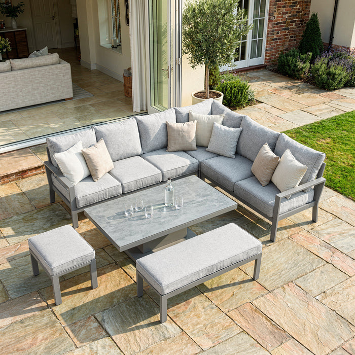 Montreal Aluminium Large Garden Corner Dining Set with Rectangular Rising Table, Footstool & Bench - Cool Linen
