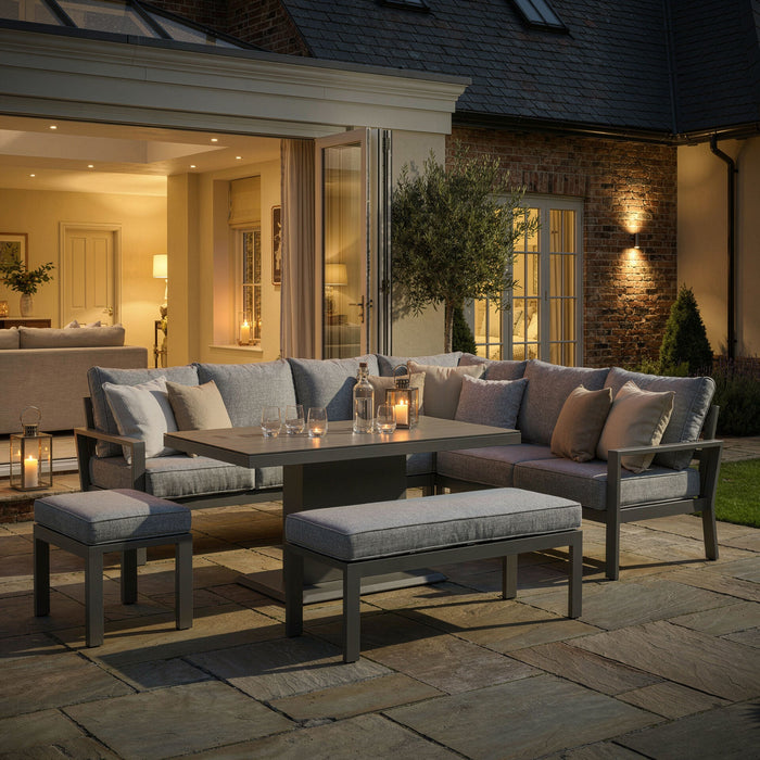 Montreal Aluminium Large Garden Corner Dining Set with Rectangular Rising Table Footstool & Bench - Cool Linen